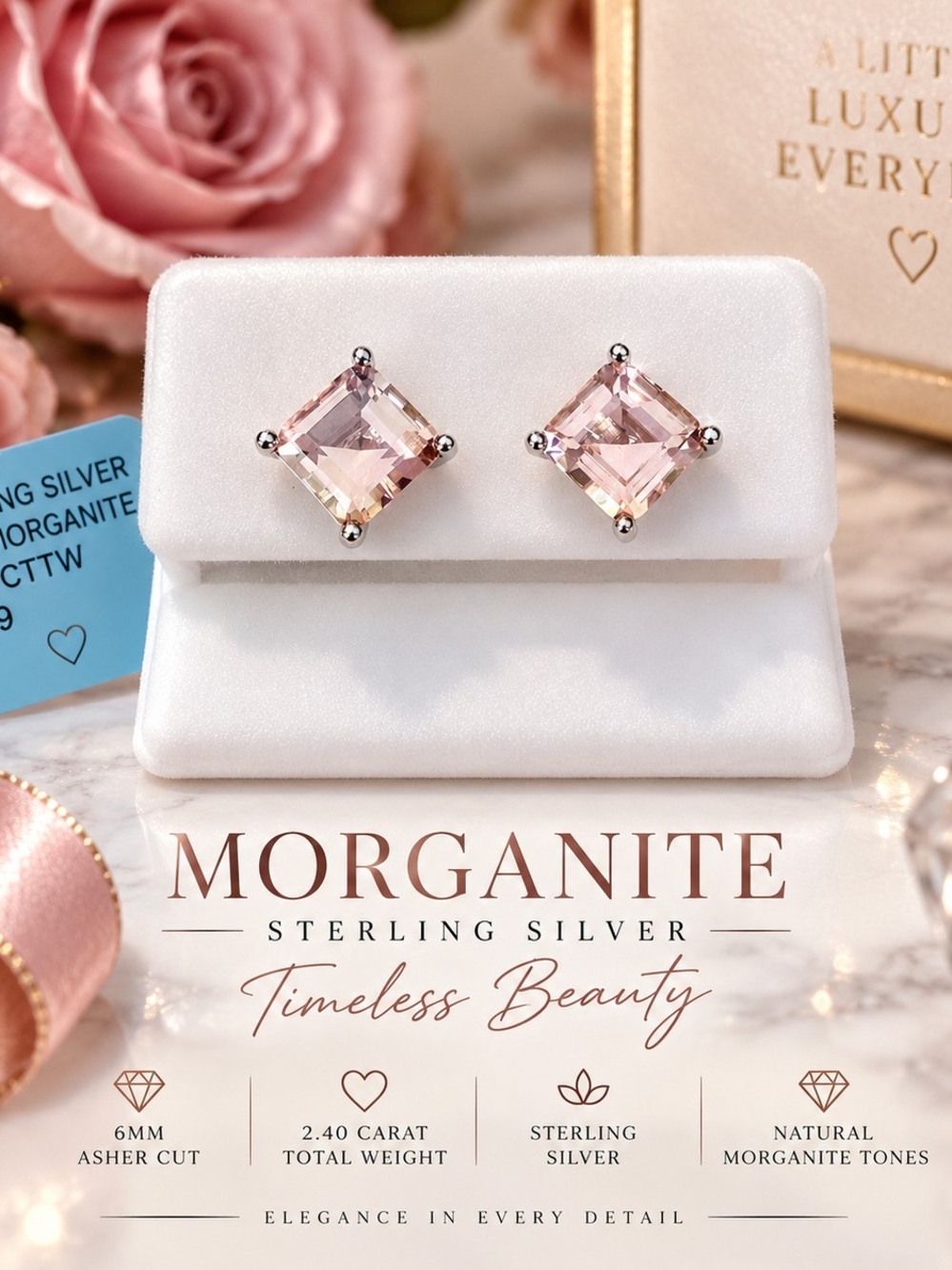 Morganite Sterling Silver Pink Square Stud Earrings